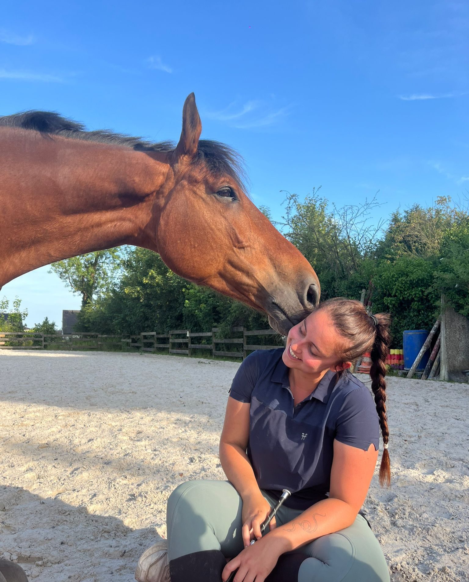 Câlin et mise en confiance avec un cheval au pré